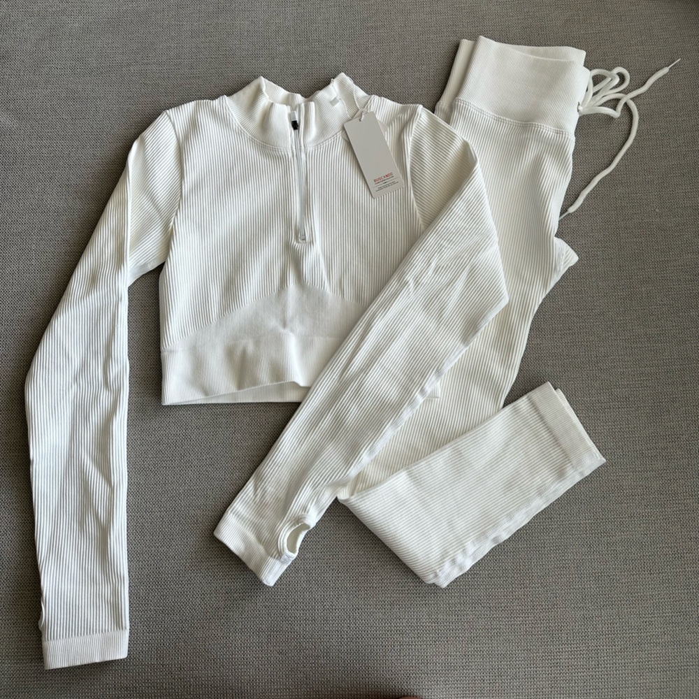 White Ribbed Long Sleeve Athleisure Set